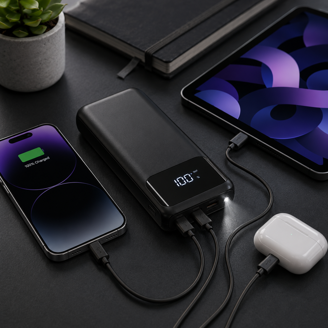 Power bank charging an iPhone, iPad, and AirPods simultaneously on a dark desk
