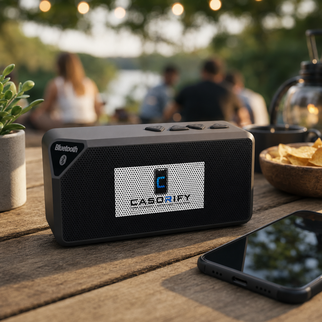 CASORIFY branded Bluetooth speaker on a wooden table at an outdoor gathering with friends in the background