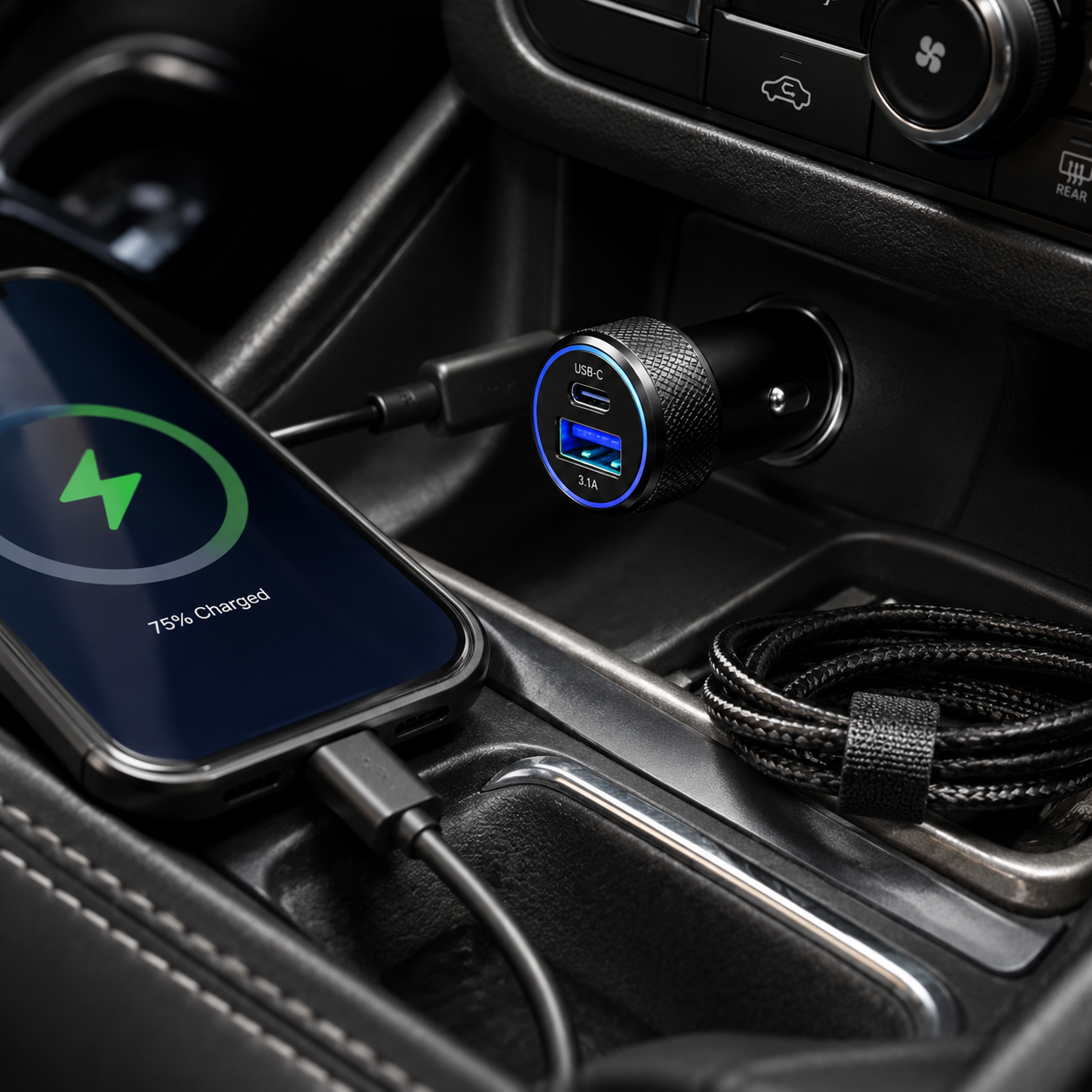 Black dual-port USB-C and USB-A car charger bullet plugged into a car console with a phone showing 75% charged