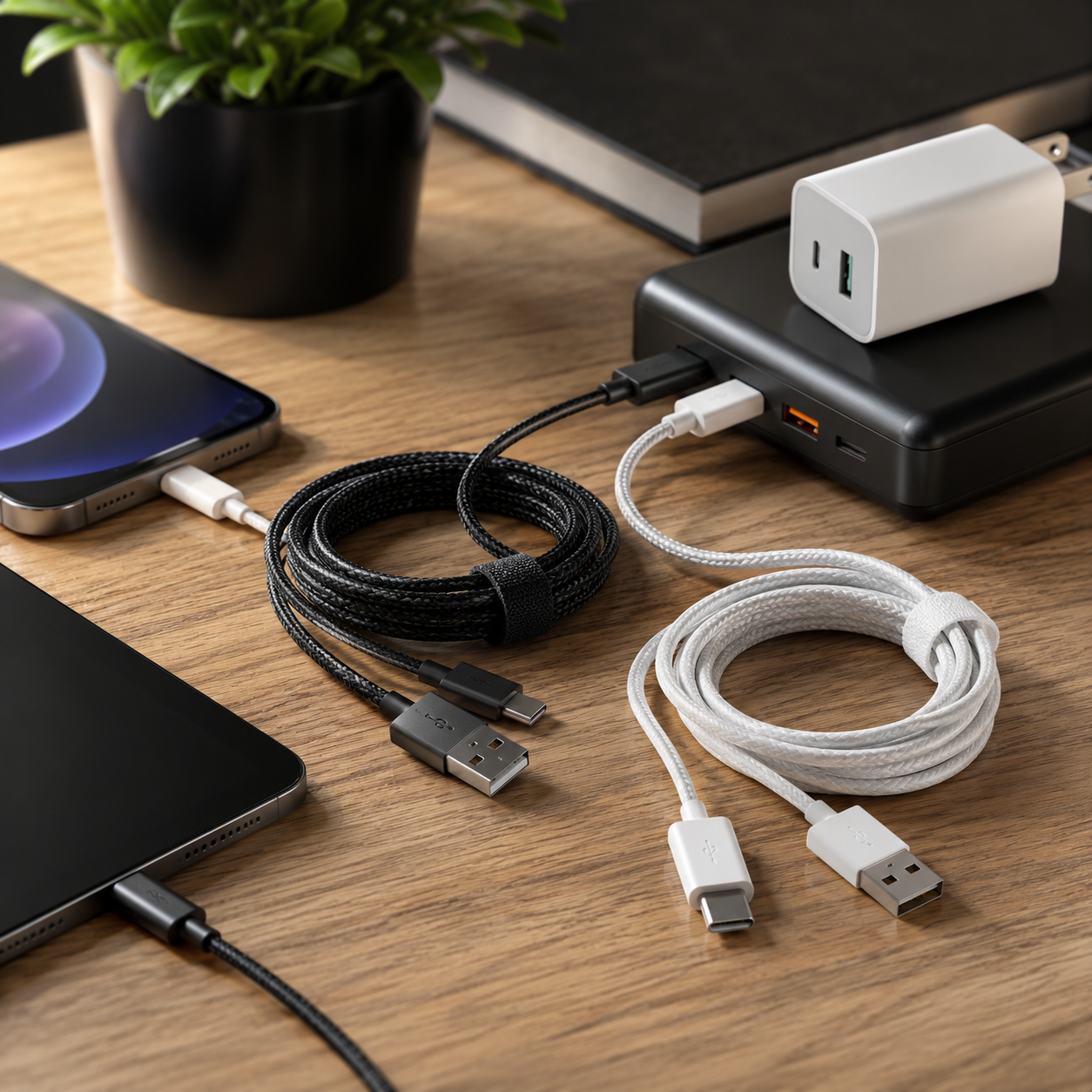 Black and white braided USB-C cables coiled on a wooden desk next to a phone, tablet, and charging adapter