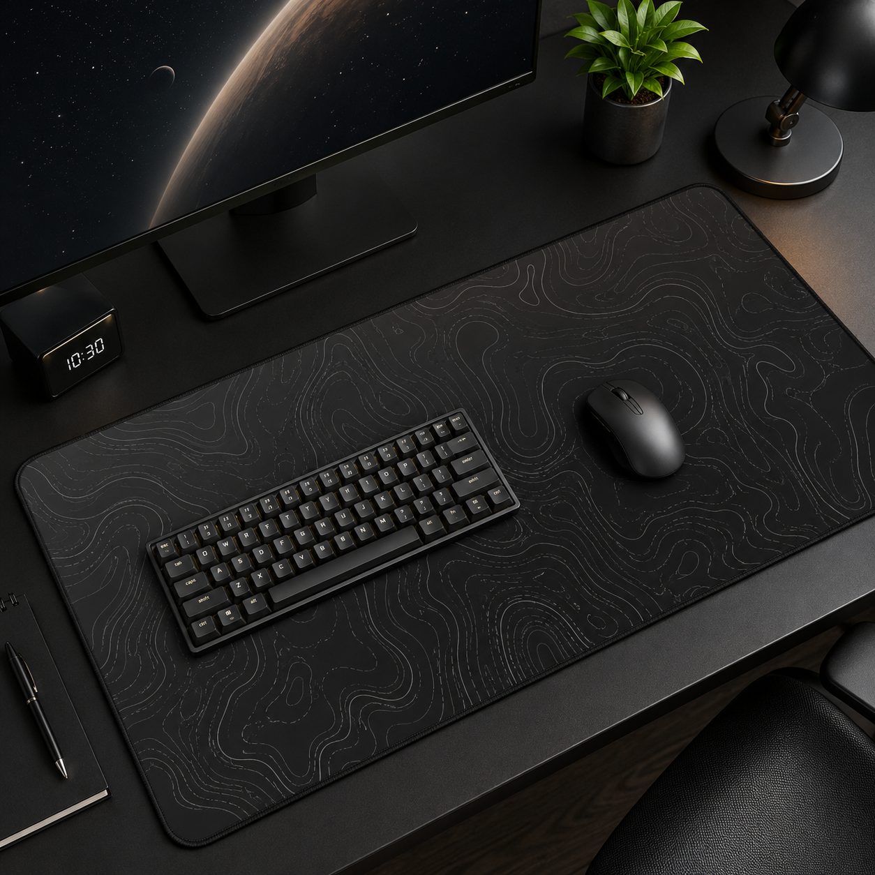 Large black topographic desk mat with keyboard and mouse on a dark workspace setup