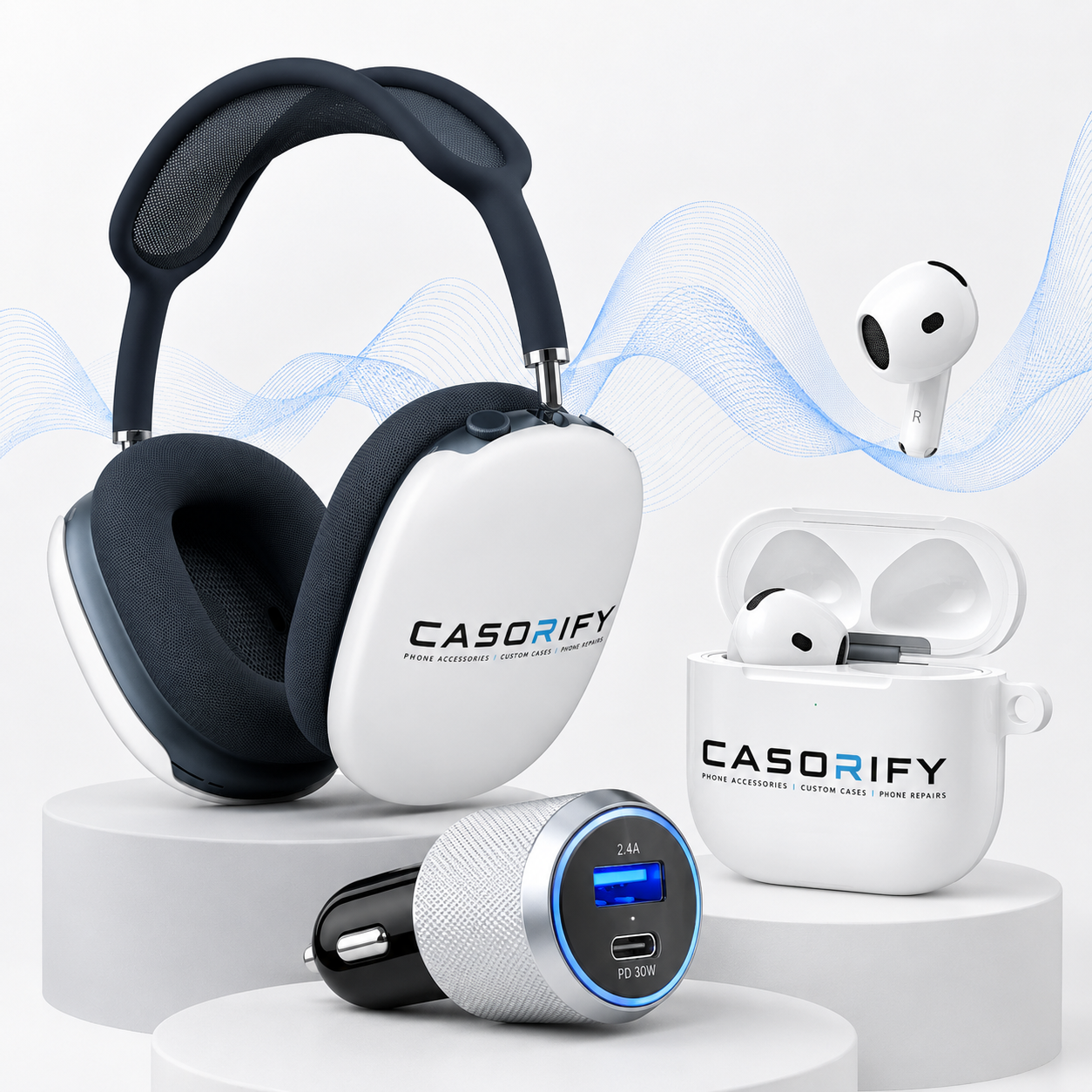 Casorify headphones and earbuds collection featuring over-ear headphones, wireless earbuds, and a car charger