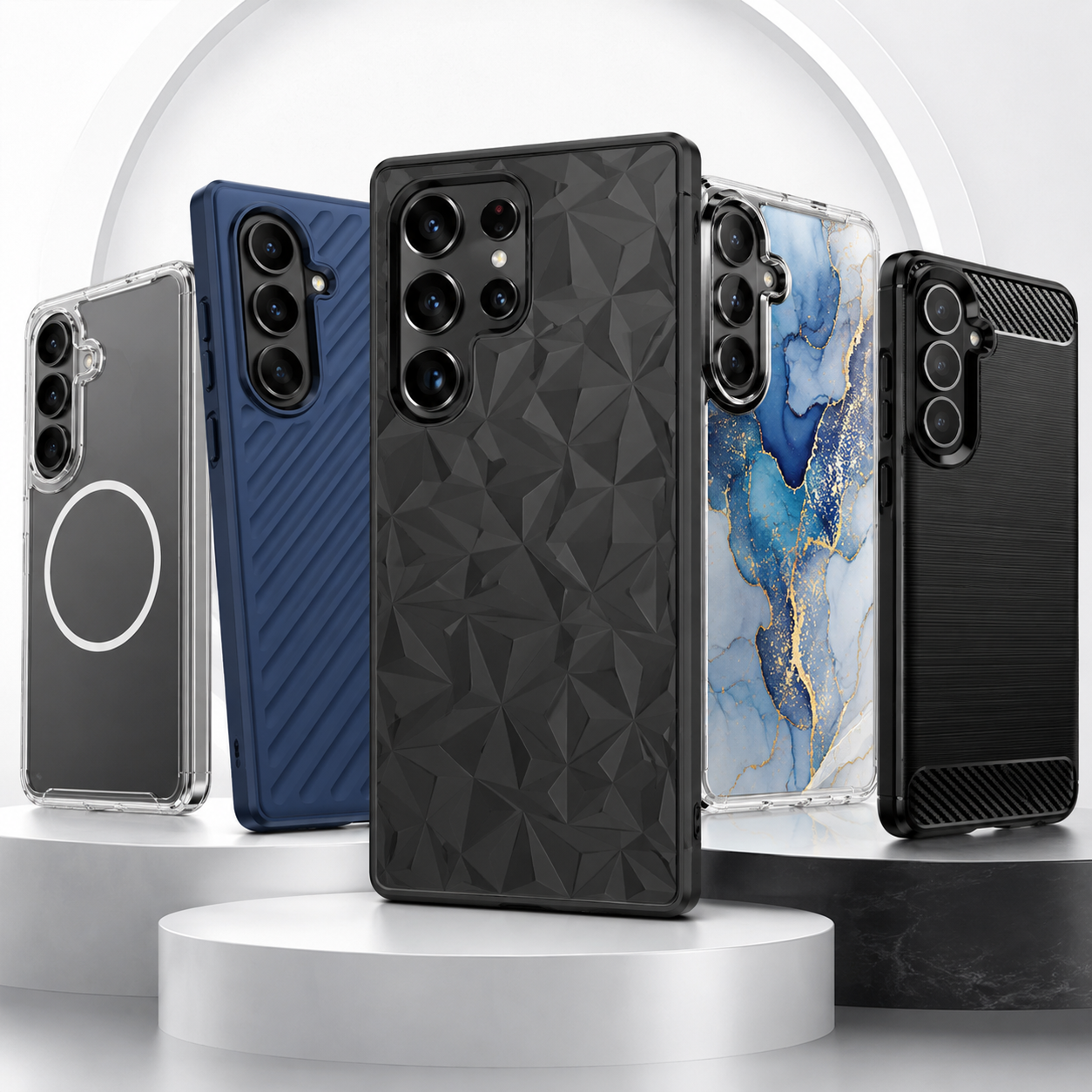 Five Samsung Galaxy cases displayed on pedestals showcasing clear, navy textured, black geometric, marble, and carbon fiber styles