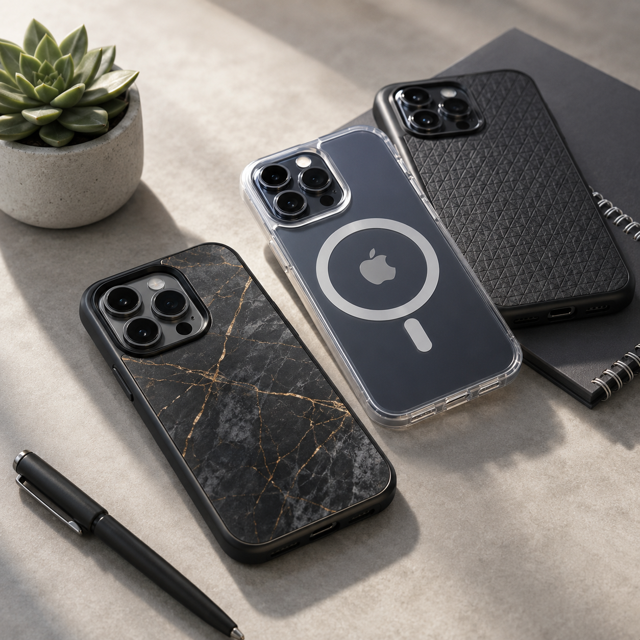 Three unique iPhone cases displayed on a desk — marble, clear MagSafe, and textured black